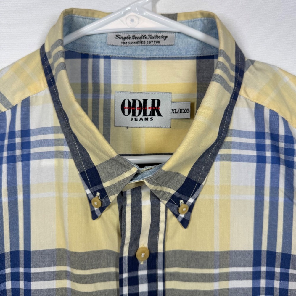 ODLR Oscar de la Renta Jeans Mens XL Yellow Blue Plaid Button Down Shirt Y2K‎